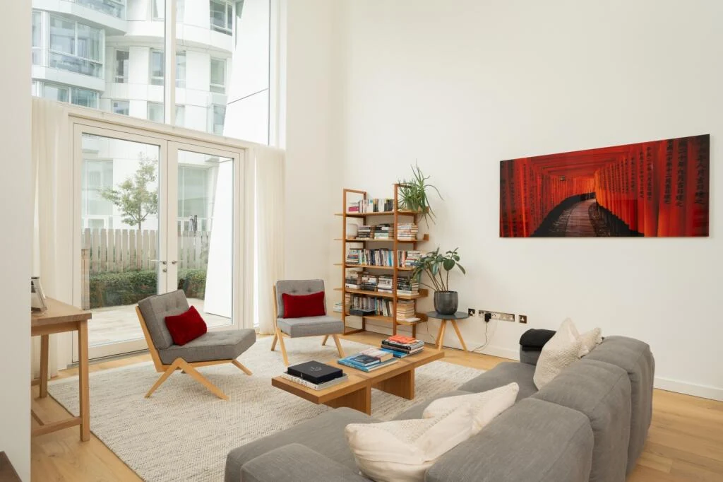 Prospect Place Battersea Power Station Sw11 8dl London Living Room Double Height Ceiling Garden Doors Artwork