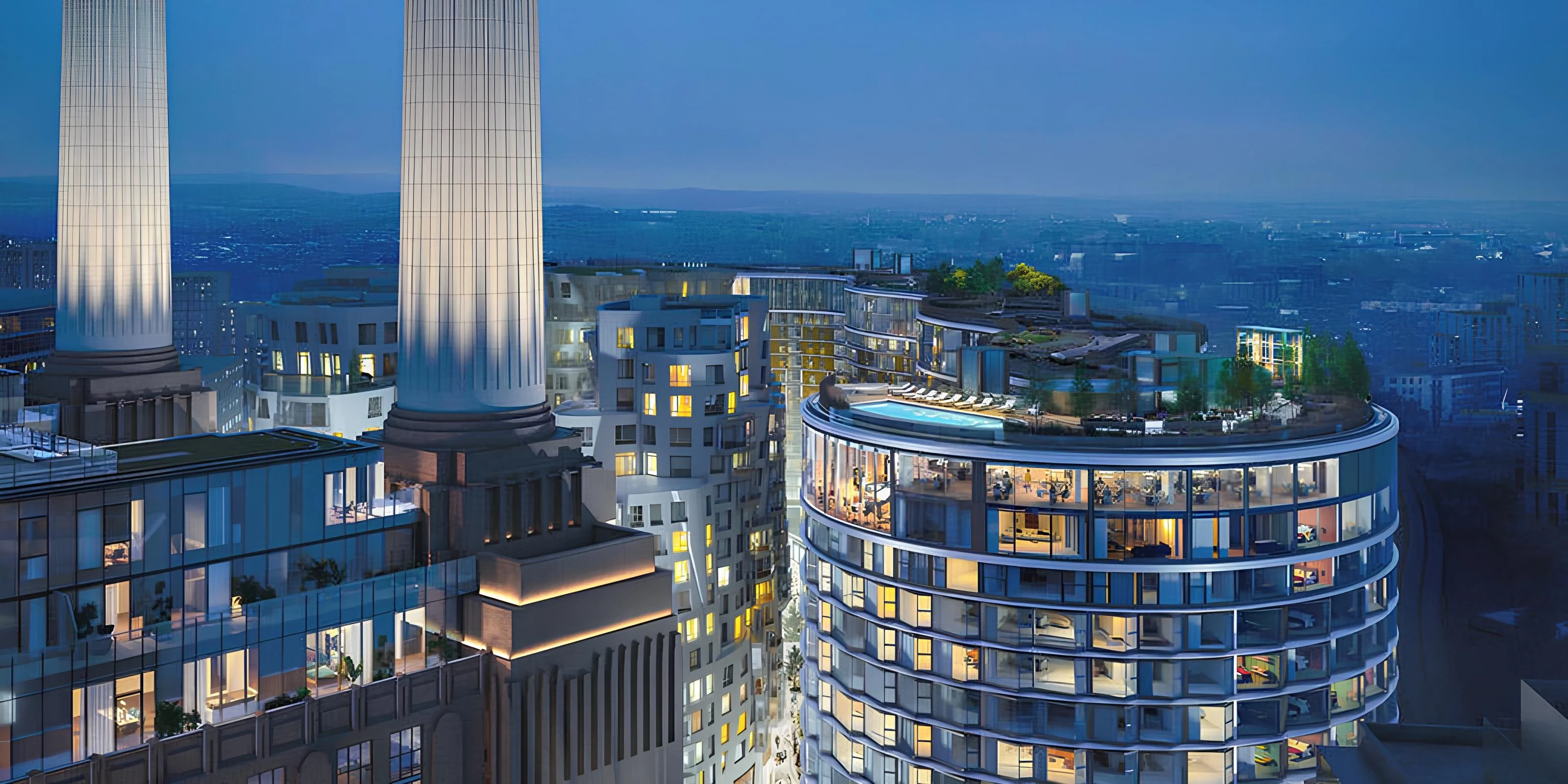 Prospect Place Battersea Power Station Sw11 London Frank Gehry Aerial Cgi Night Render Rooftop Pool