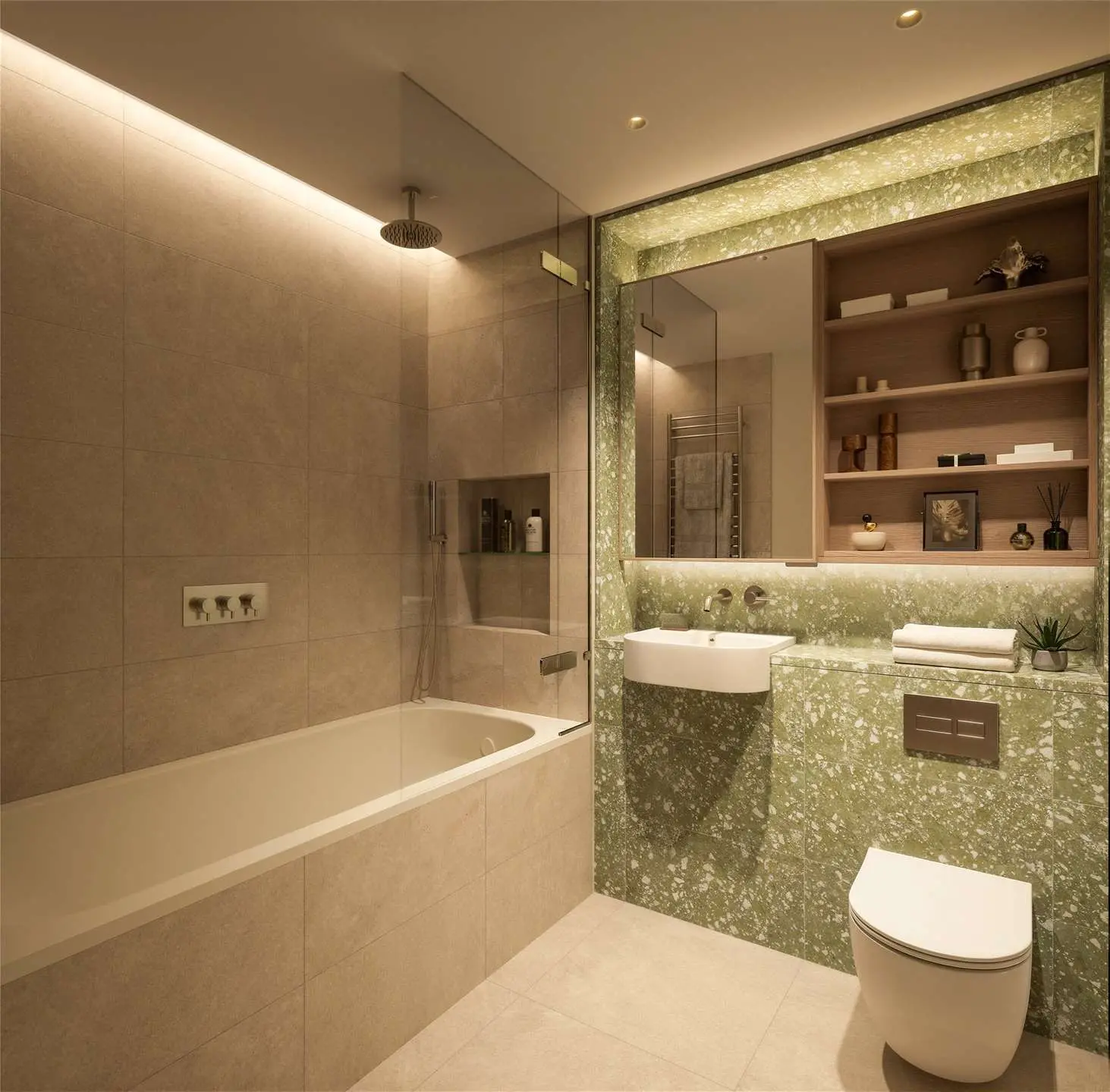 Scenery House Television Centre Wood Lane White City W12 London En Suite Bathroom Green Terrazzo Bath Overhead Shower