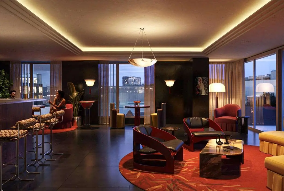 Scenery House Television Centre Wood Lane White City W12 London Rooftop Bar Lounge Red Chairs City Skyline Night