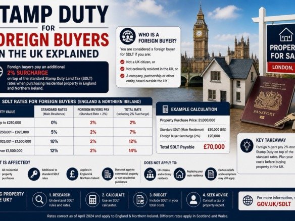 Stamp duty for foreign buyers in the UK explained including 2 percent surcharge and additional property tax costs in London