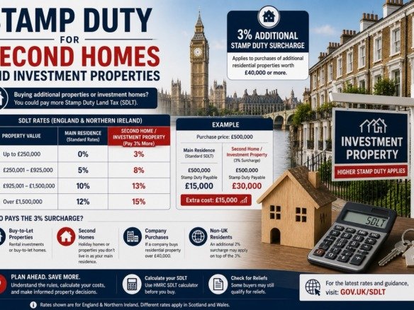 Stamp duty for second homes and investment properties in the UK including 3 percent surcharge and higher tax rates in London