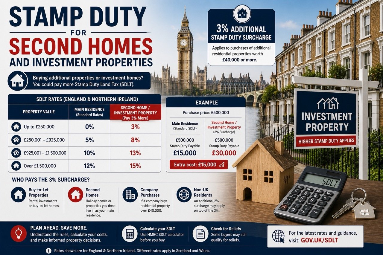 Stamp duty for second homes and investment properties in the UK including 3 percent surcharge and higher tax rates in London
