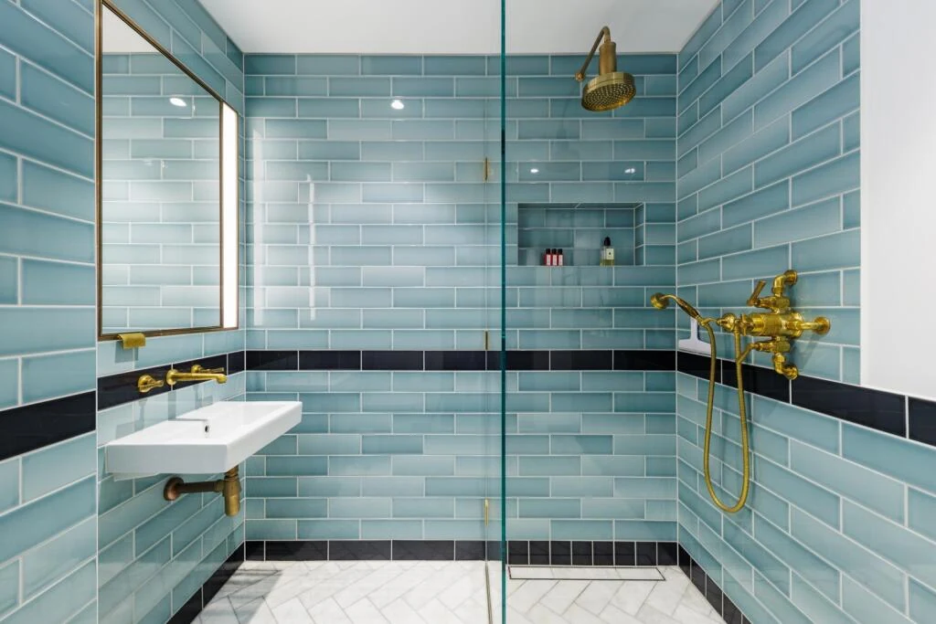 Switch House West Battersea Power Station Sw11 Duplex Bathroom Teal Metro Tiles Brass Fixtures Rain Shower Marble Floor Lo...