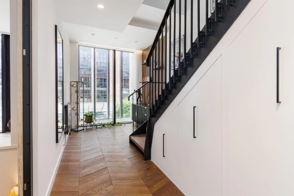 Switch House West Battersea Power Station Sw11 Duplex Hallway Staircase Herringbone Oak Floor To Ceiling Glazing London