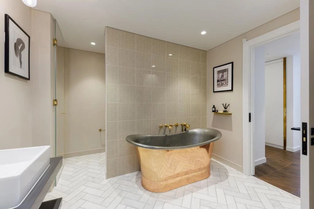 Switch House West Battersea Power Station Sw11 Duplex Master Ensuite Copper Freestanding Bath Brass Taps Herringbone Tile ...