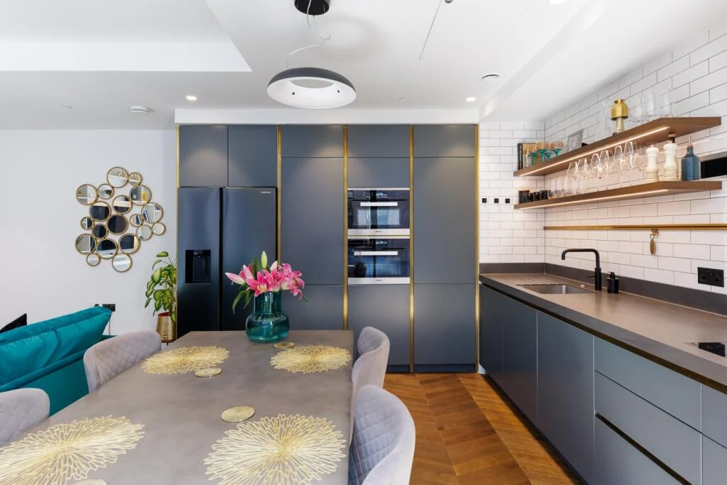 Switch House West Battersea Power Station Sw11 Duplex Open Plan Kitchen Dining Blue Gold Cabinets Subway Tile London