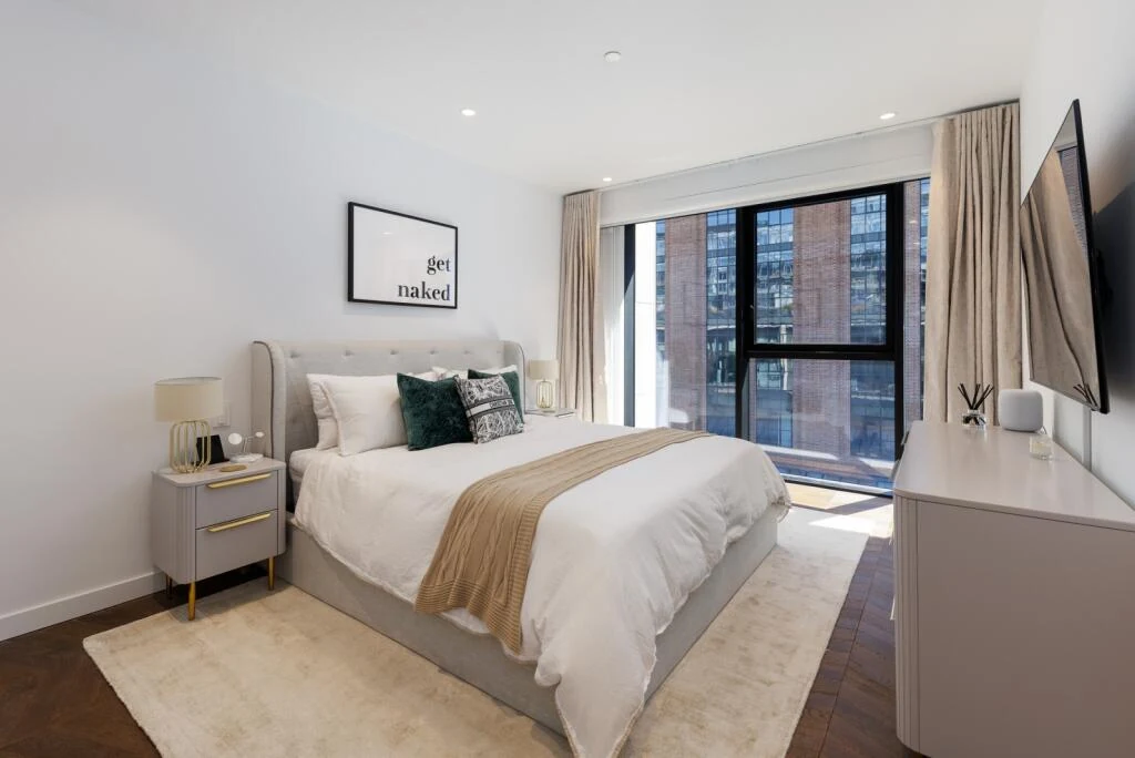 Switch House West Battersea Power Station Sw11 Duplex Second Bedroom Grey Bed Floor To Ceiling Window London