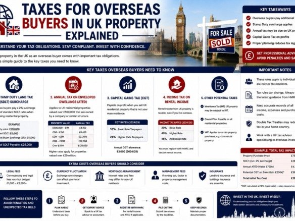 Taxes for overseas buyers in UK property explained including stamp duty surcharge capital gains tax and rental income tax