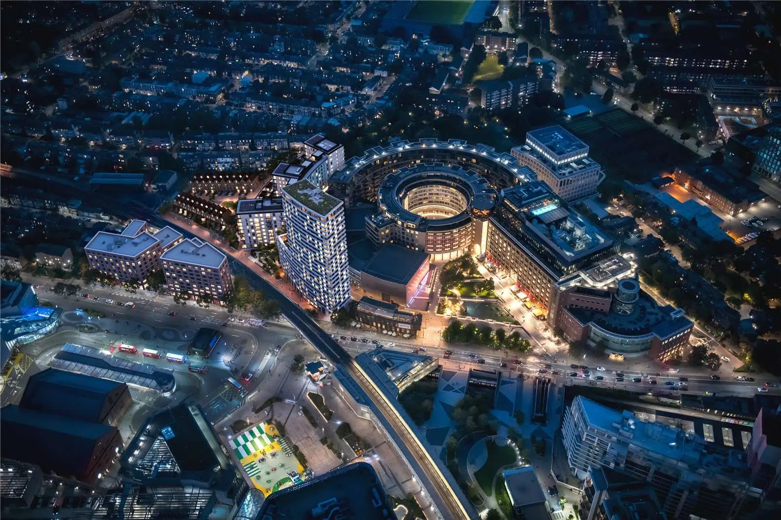 The Ariel Television Centre Wood Lane White City W12 London Aerial Night View Bbc Circular Building Westfield Tower