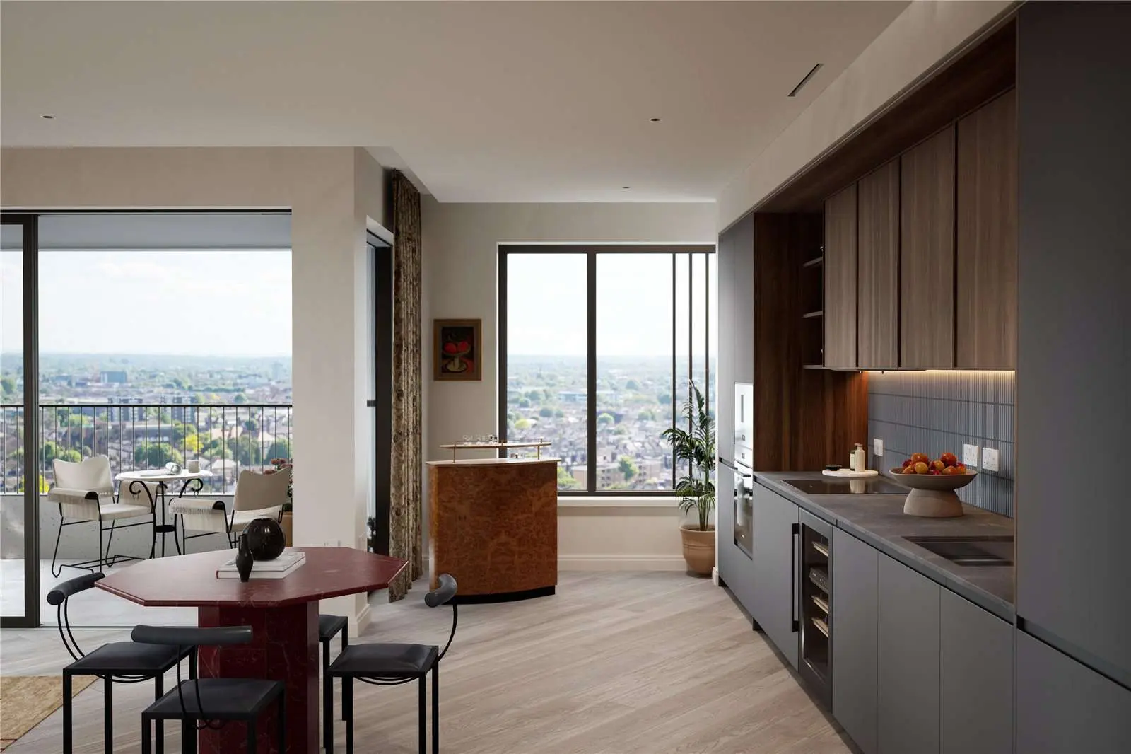 The Ariel Television Centre Wood Lane White City W12 London Kitchen Dining Grey Units Red Marble Island City Views Balcony