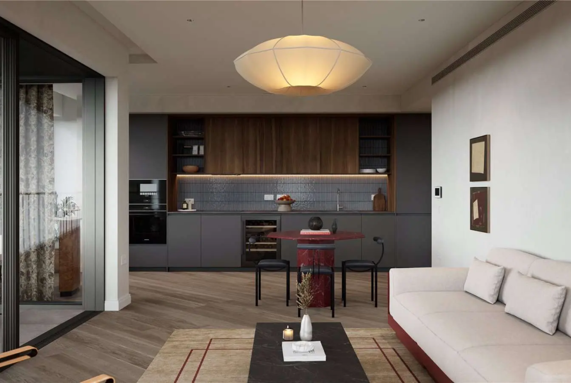 The Ariel Television Centre Wood Lane White City W12 London Open Plan Kitchen Living Dining Grey Cabinetry Walnut Accents