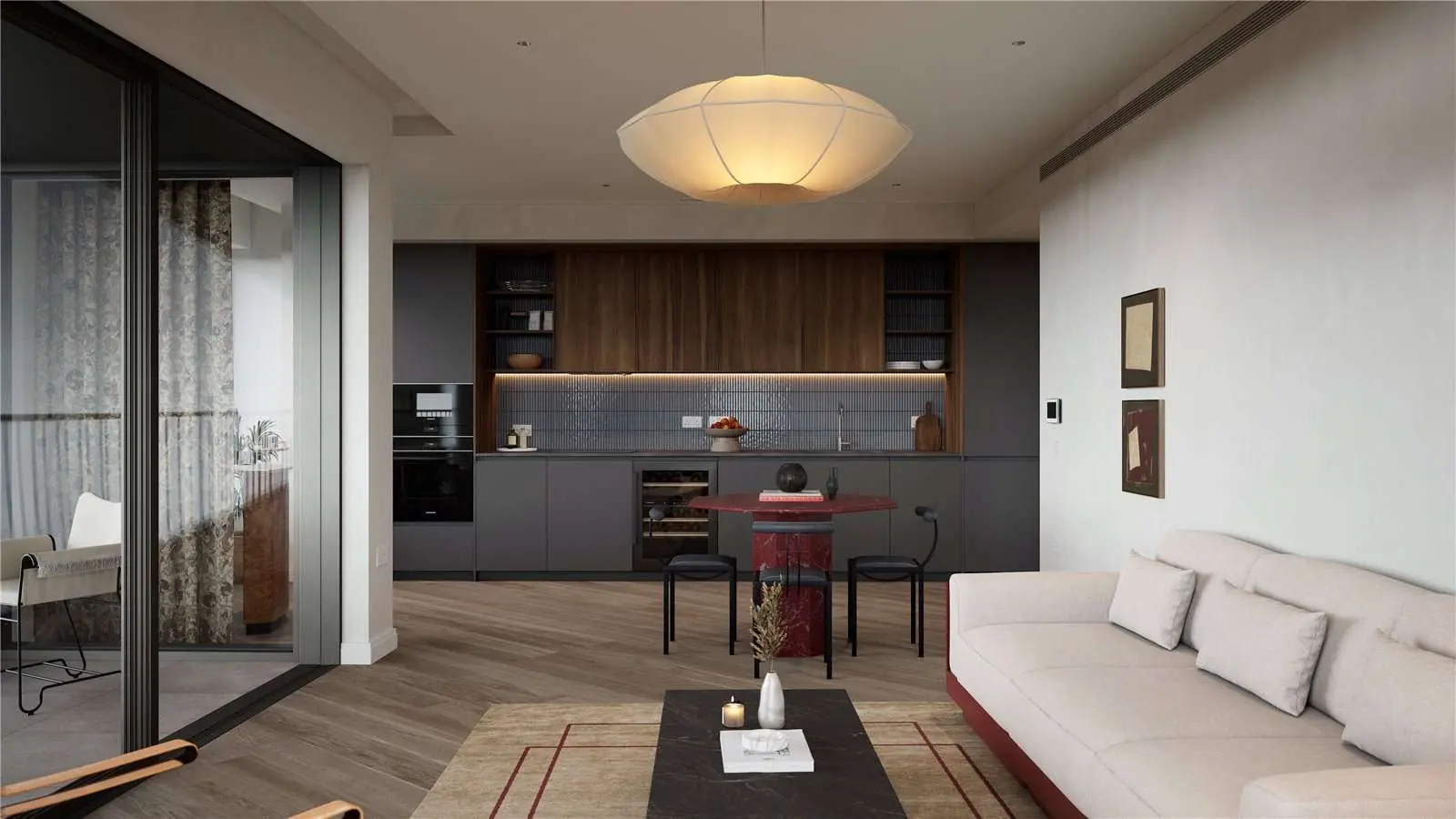 The Ariel Television Centre Wood Lane White City W12 London Open Plan Kitchen Living Dining Grey Cabinetry Walnut Accents