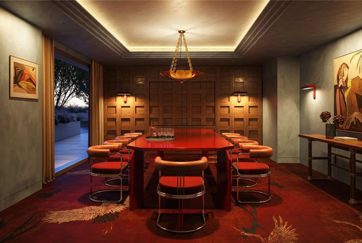 The Ariel Television Centre Wood Lane White City W12 London Private Dining Meeting Room Red Lacquer Table Walnut Panels