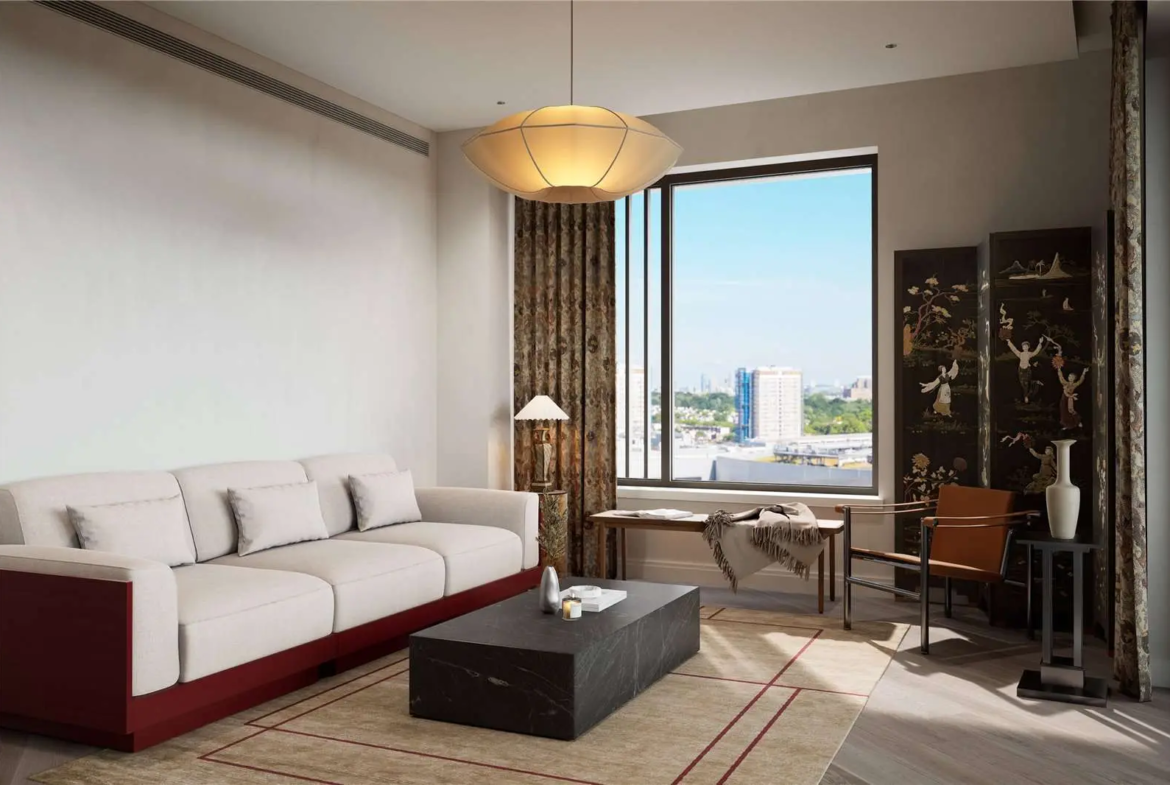 The Ariel Television Centre Wood Lane White City W12 London Reception Living Room Cream Sofa City View Japanese Screen