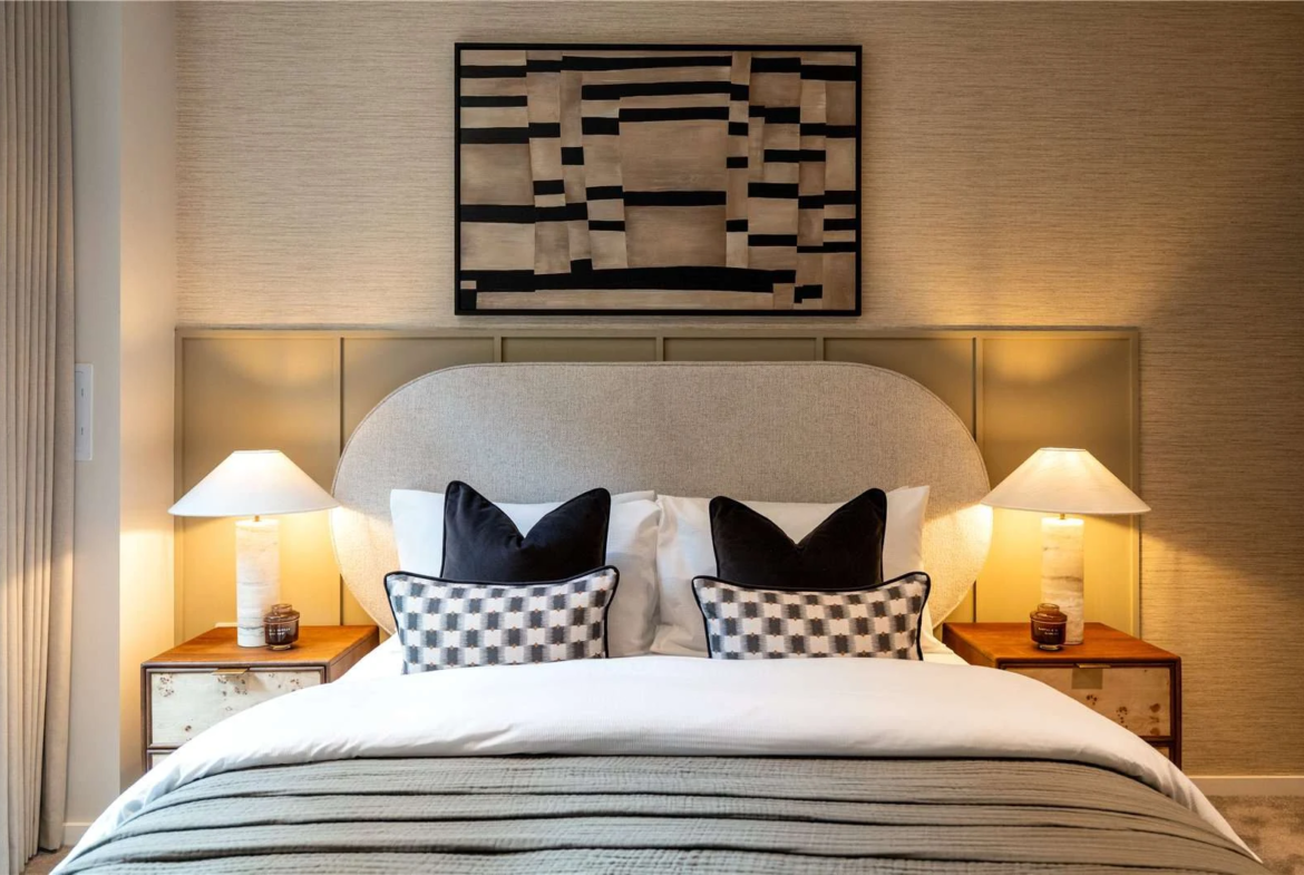 The Auria 13 Wheatstone Gardens W10 Bedroom 2 Closeup Arched Headboard Luxury Mews Notting Hill