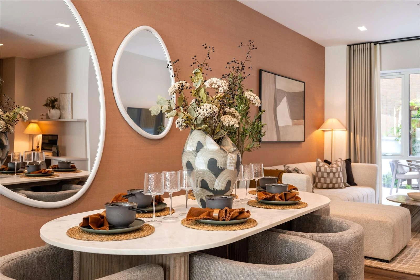 The Auria 13 Wheatstone Gardens W10 Dining Area Marble Table Oval Mirrors Terrace View