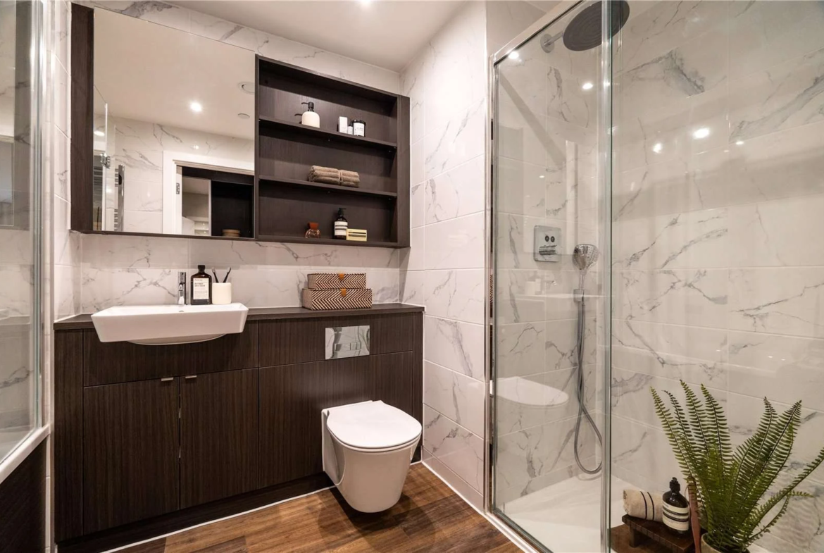 The Auria 13 Wheatstone Gardens W10 Ensuite Marble Tiles Walk In Shower Dark Vanity Unit