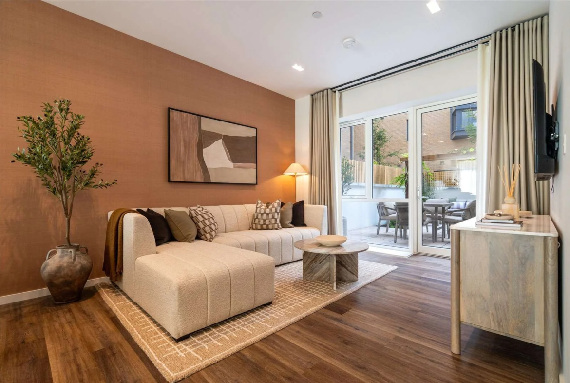 The Auria 13 Wheatstone Gardens W10 Living Room Cream Sofa Terrace Access Terracotta Wall