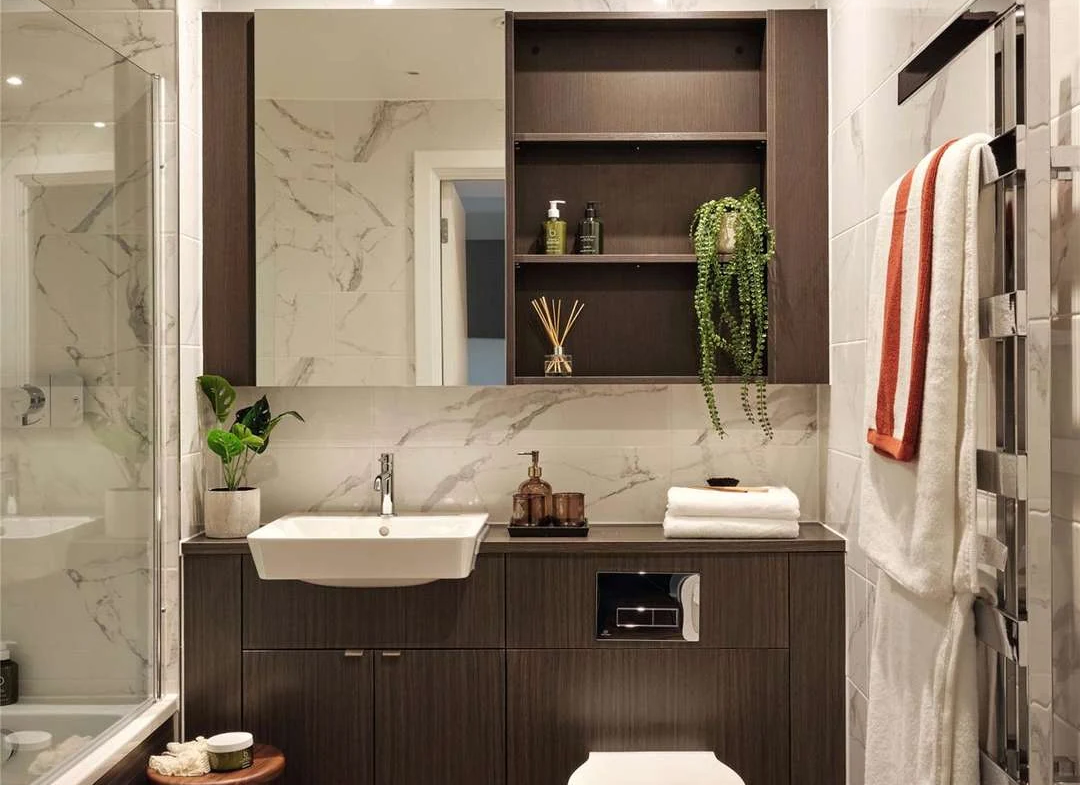 The Auria Portobello Square W10 Bathroom Marble Effect Tiles Bath Heated Towel Rail Vanity Unit