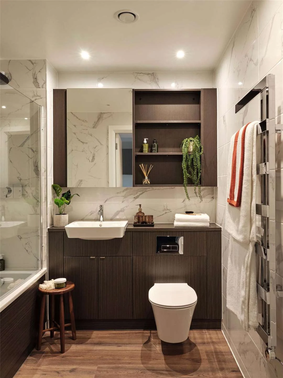The Auria Portobello Square W10 Bathroom Marble Effect Tiles Bath Heated Towel Rail Vanity Unit