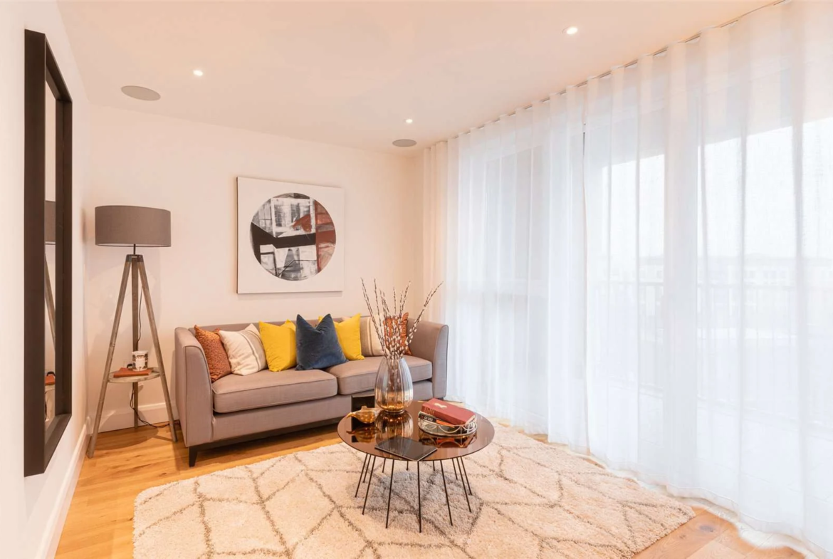 The Auria Portobello Square W10 Living Room Grey Sofa Floor To Ceiling Curtains Duplex Apartment