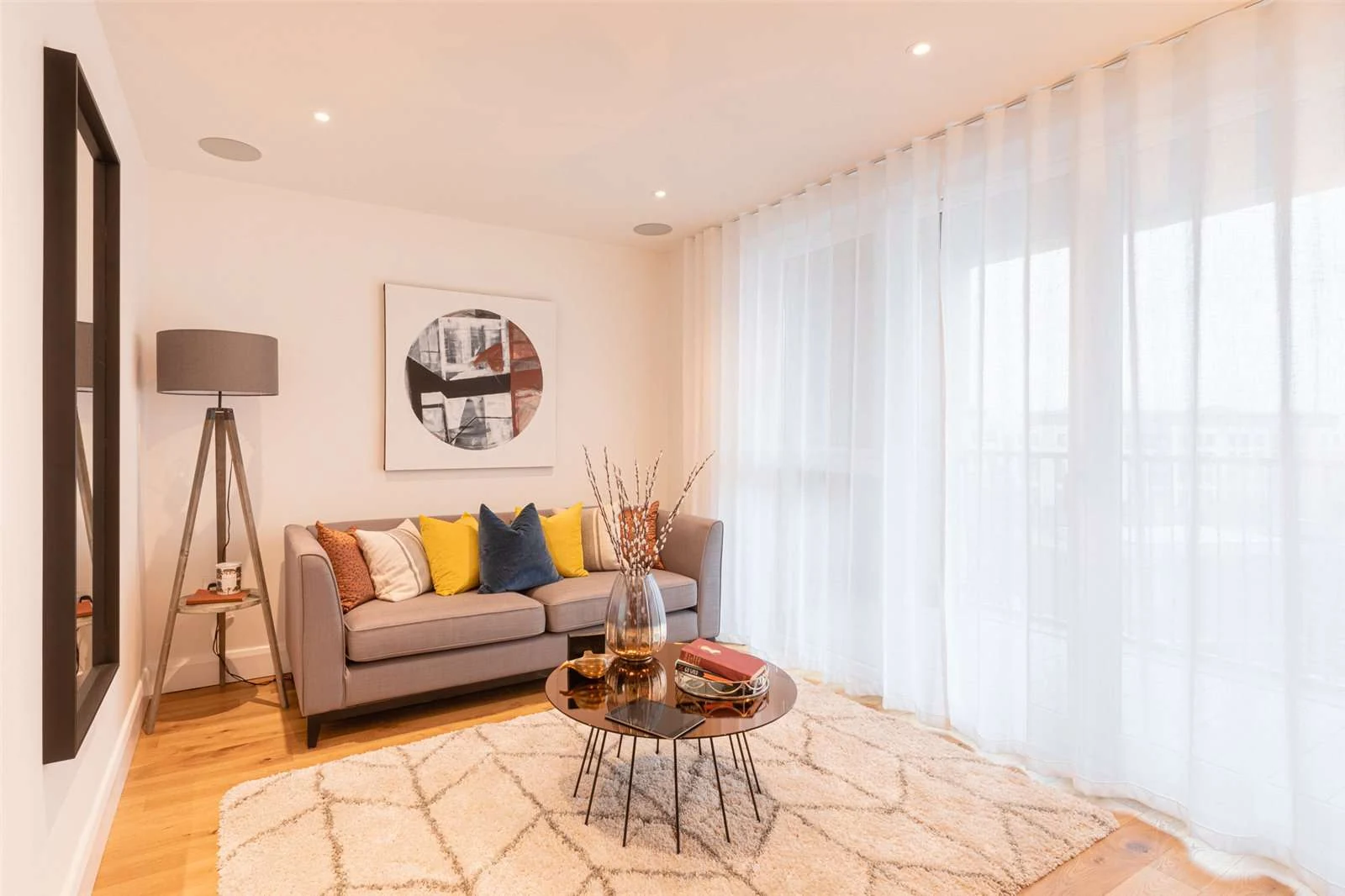 The Auria Portobello Square W10 Living Room Grey Sofa Floor To Ceiling Curtains Duplex Apartment