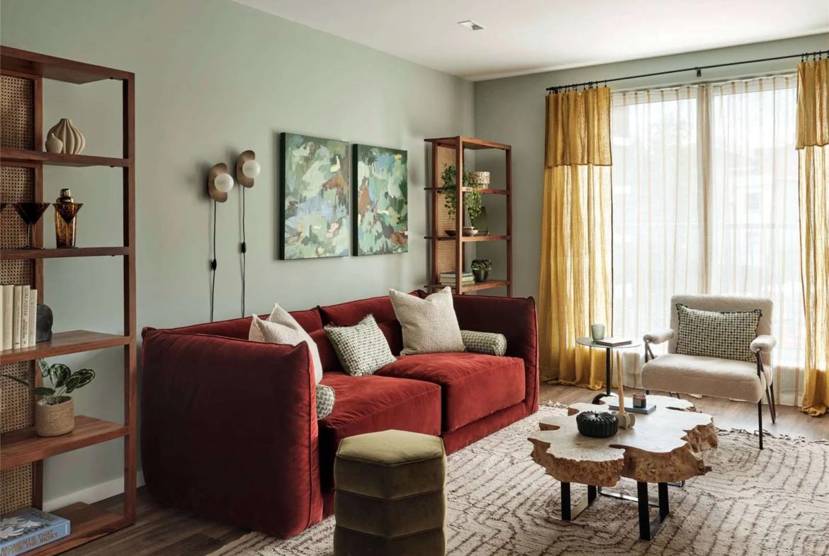 The Auria Portobello Square W10 Living Room Red Velvet Sofa Rattan Shelving Open Plan
