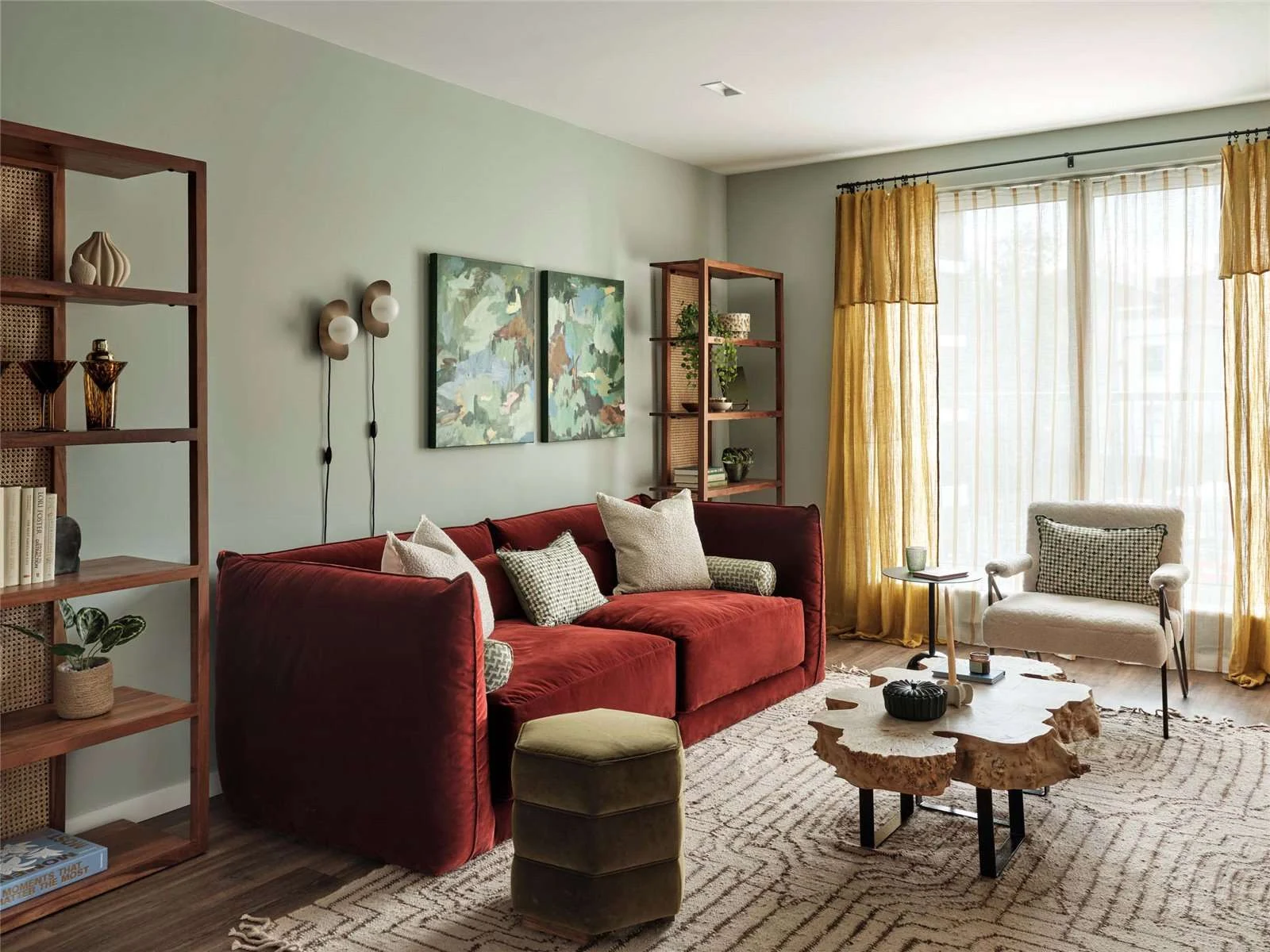 The Auria Portobello Square W10 Living Room Red Velvet Sofa Rattan Shelving Open Plan