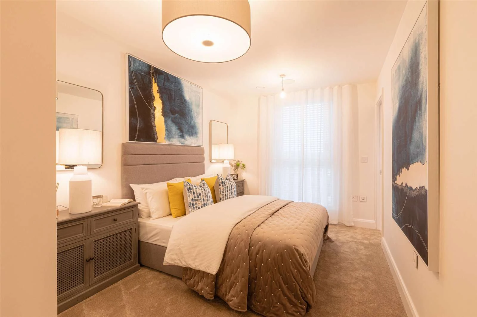 The Auria Portobello Square W10 Master Bedroom Upholstered Headboard Yellow Cushions Build