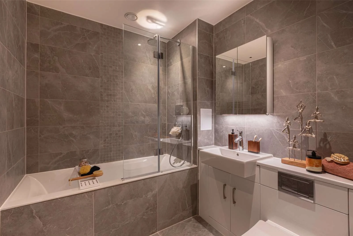 The Auria Portobello Square Ladbroke Grove W10 Bathroom Grey Marble Tiles Bath Shower Vanity