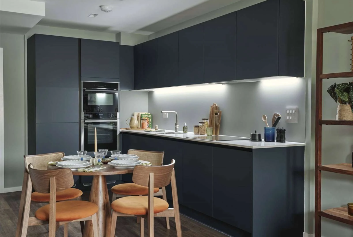 The Auria Portobello Square Ladbroke Grove W10 Lit Kitchen Navy Cabinets Dining Area Development