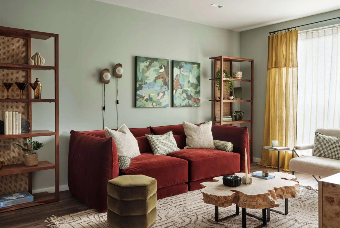 The Auria Portobello Square Ladbroke Grove W10 Lounge Red Sofa Art Prints Yellow Curtains