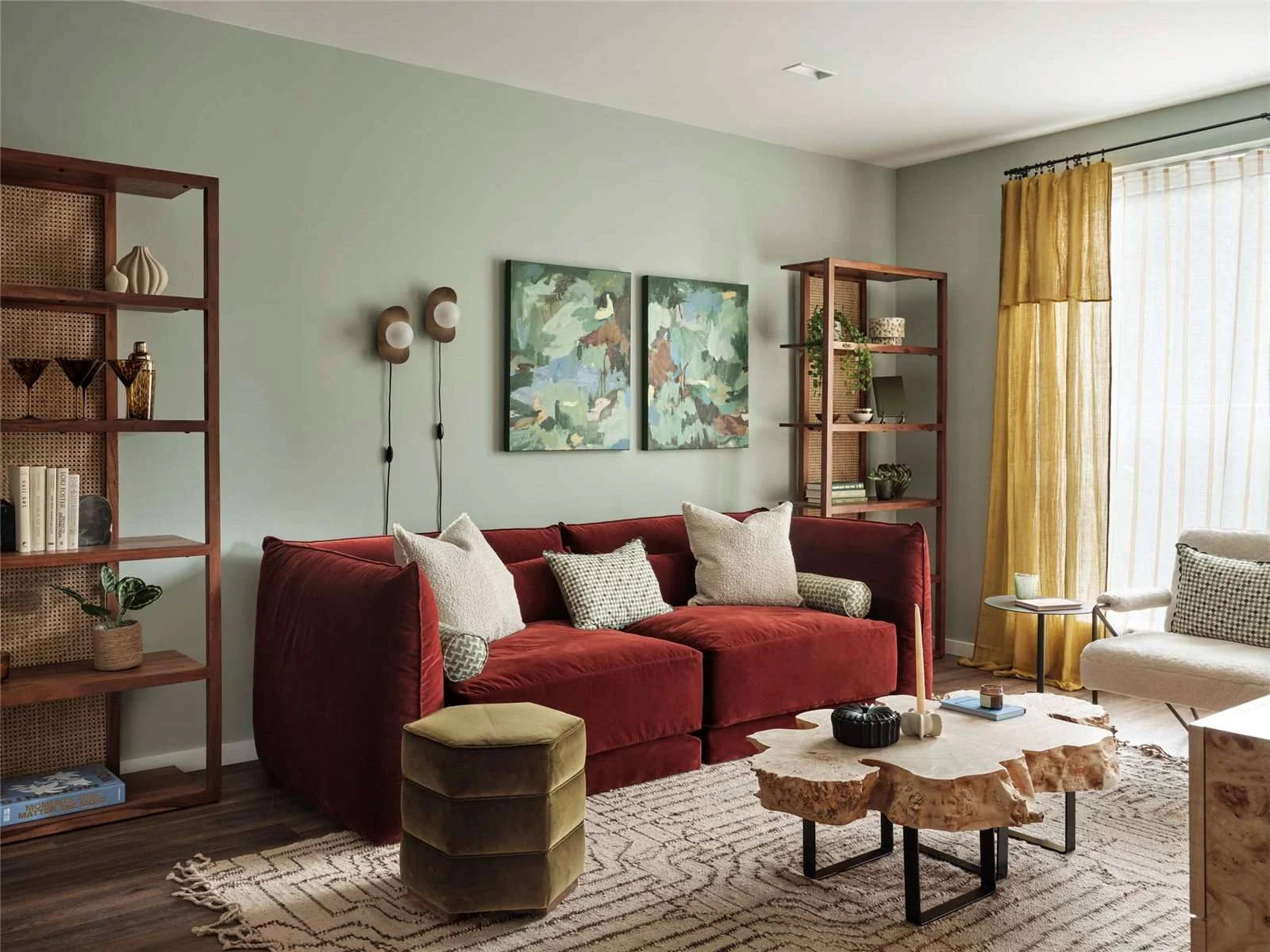The Auria Portobello Square Ladbroke Grove W10 Lounge Red Sofa Art Prints Yellow Curtains