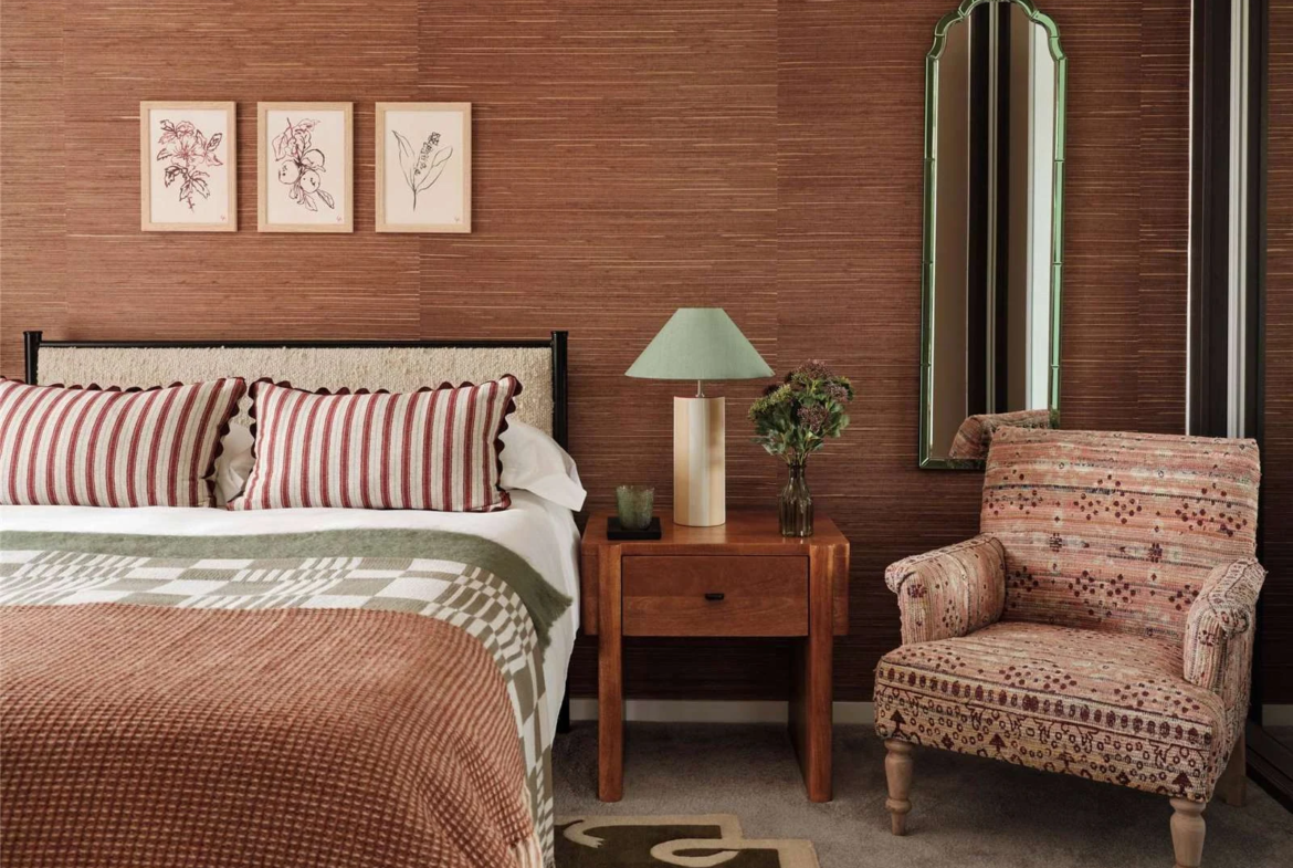 The Auria Portobello Square Ladbroke Grove W10 Master Bedroom Grasscloth Wallpaper Luxury Apartment