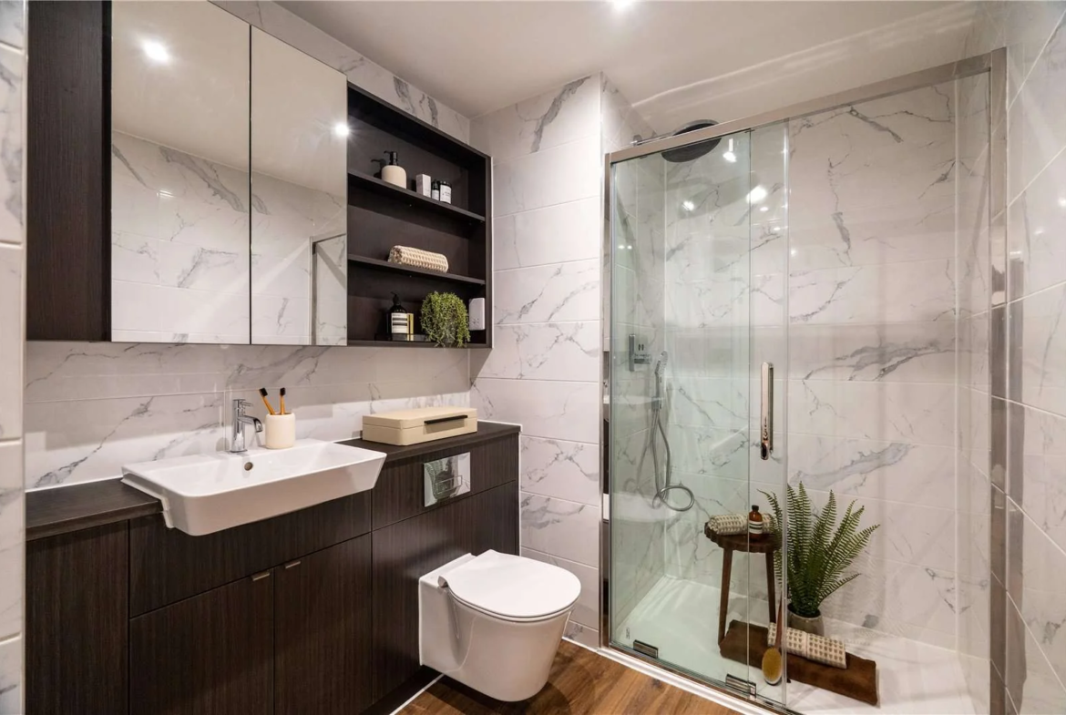 The Auria Portobello Square Ladbroke Grove London W10 Ensuite Bathroom Vanity Unit Wall Hung Toilet Shower Enclosure