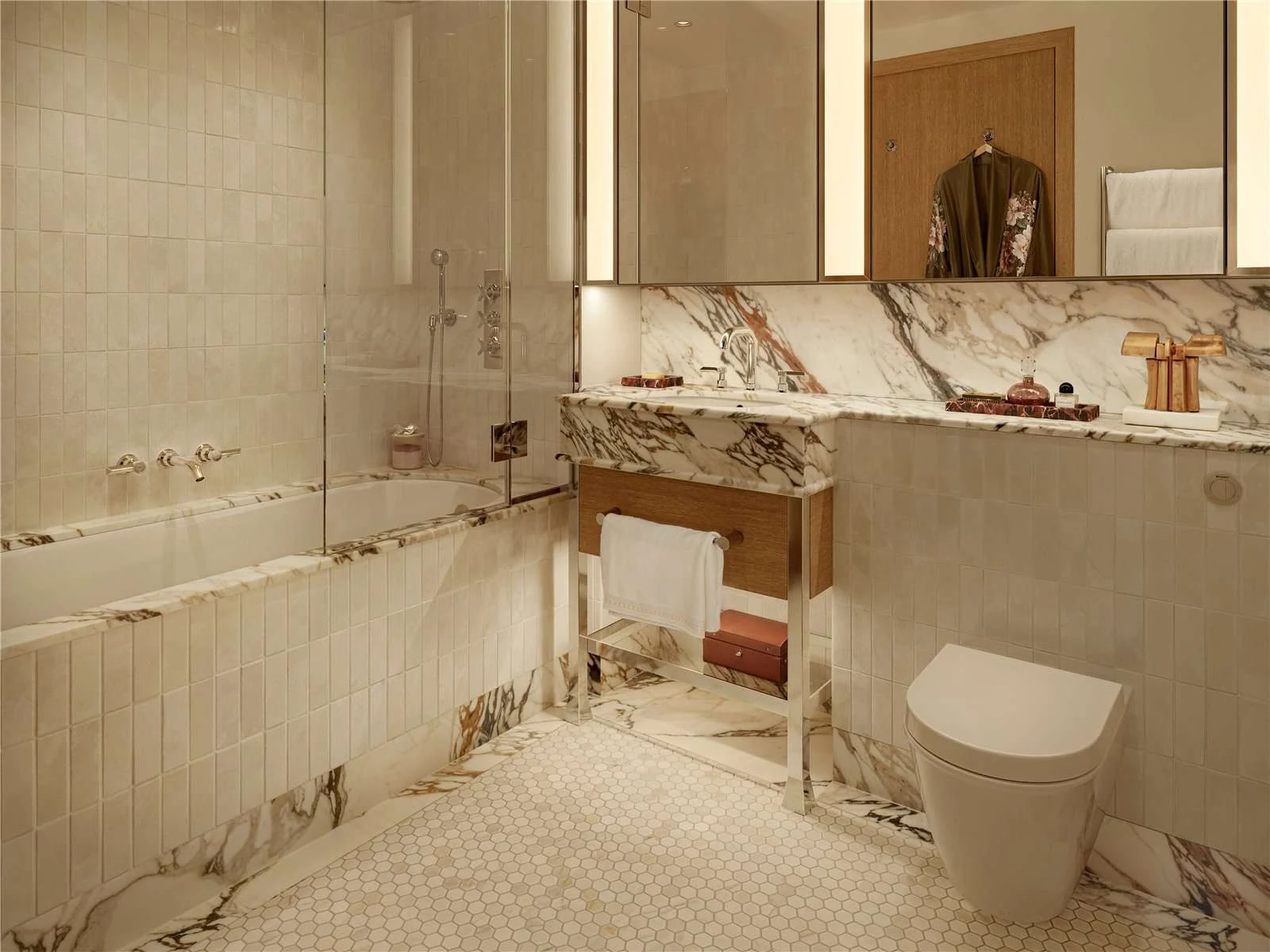 The Capston Embassy Gardens Nine Elms Sw11 London 1 Bedroom Apartment Luxury Bathroom Calacatta Marble Bath Hexagon Tile F...