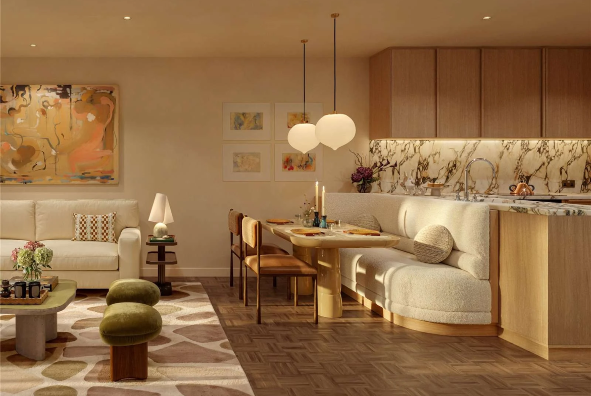 The Capston Embassy Gardens Nine Elms Sw11 London 1 Bedroom Apartment Open Plan Living Dining Kitchen Bespoke Banquette Ma...
