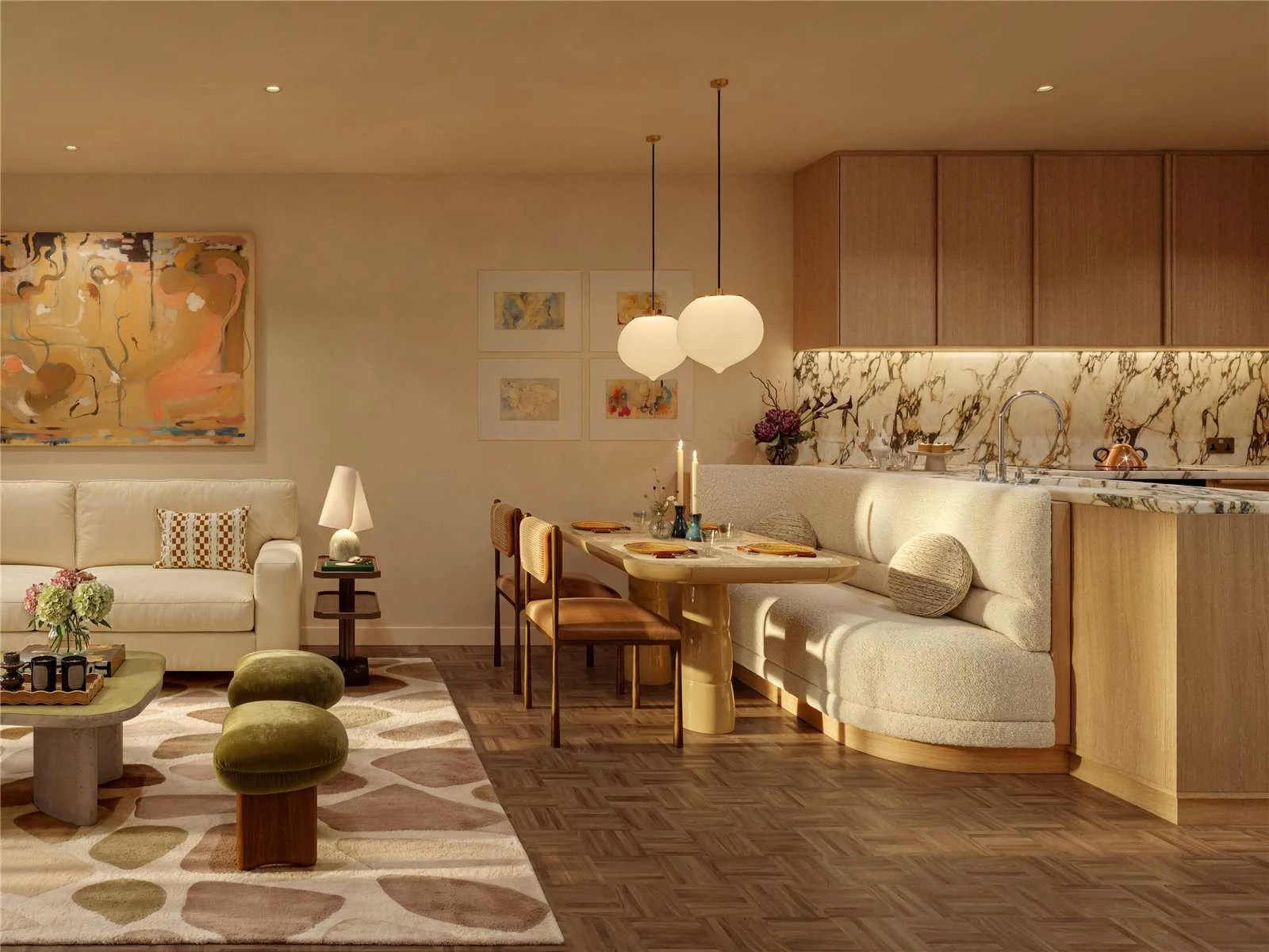 The Capston Embassy Gardens Nine Elms Sw11 London 1 Bedroom Apartment Open Plan Living Dining Kitchen Bespoke Banquette Ma...