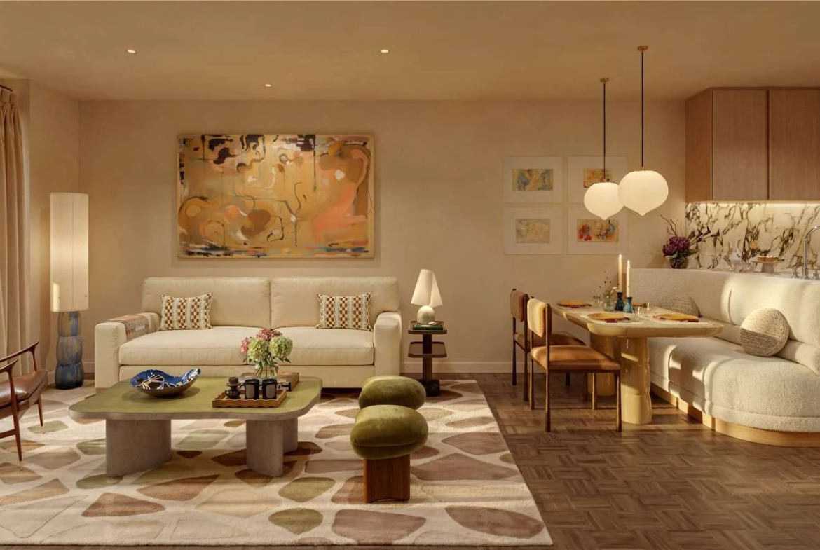 The Capston Embassy Gardens Nine Elms Sw11 London 1 Bedroom Apartment Open Plan Living Kitchen Dining Thames Views Parquet