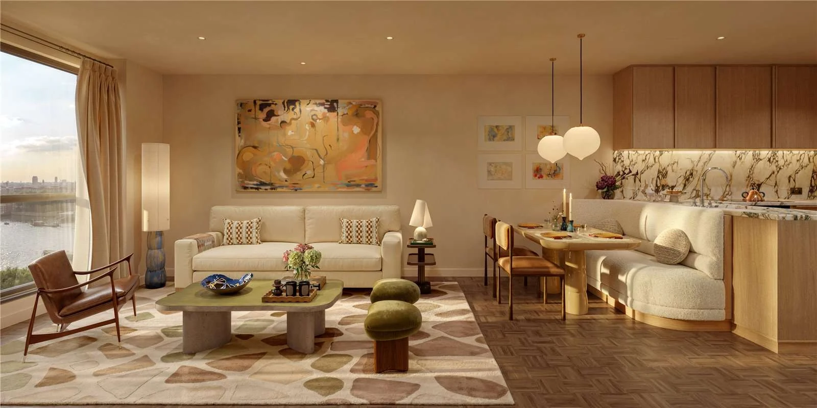 The Capston Embassy Gardens Nine Elms Sw11 London 1 Bedroom Apartment Open Plan Living Kitchen Dining Thames Views Parquet