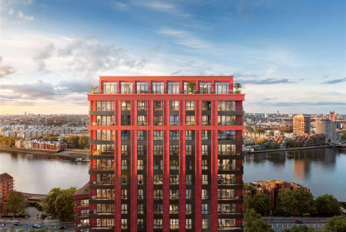 The Capston Embassy Gardens Nine Elms Sw11 London 2 Bed Apartment Full Tower Exterior Riverside Nine Elms Red Brick Balcon...