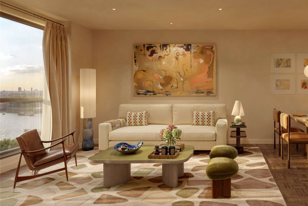 The Capston Embassy Gardens Nine Elms Sw11 London 2 Bedroom Apartment Living Room Thames River Views Floor To Ceiling Wind...