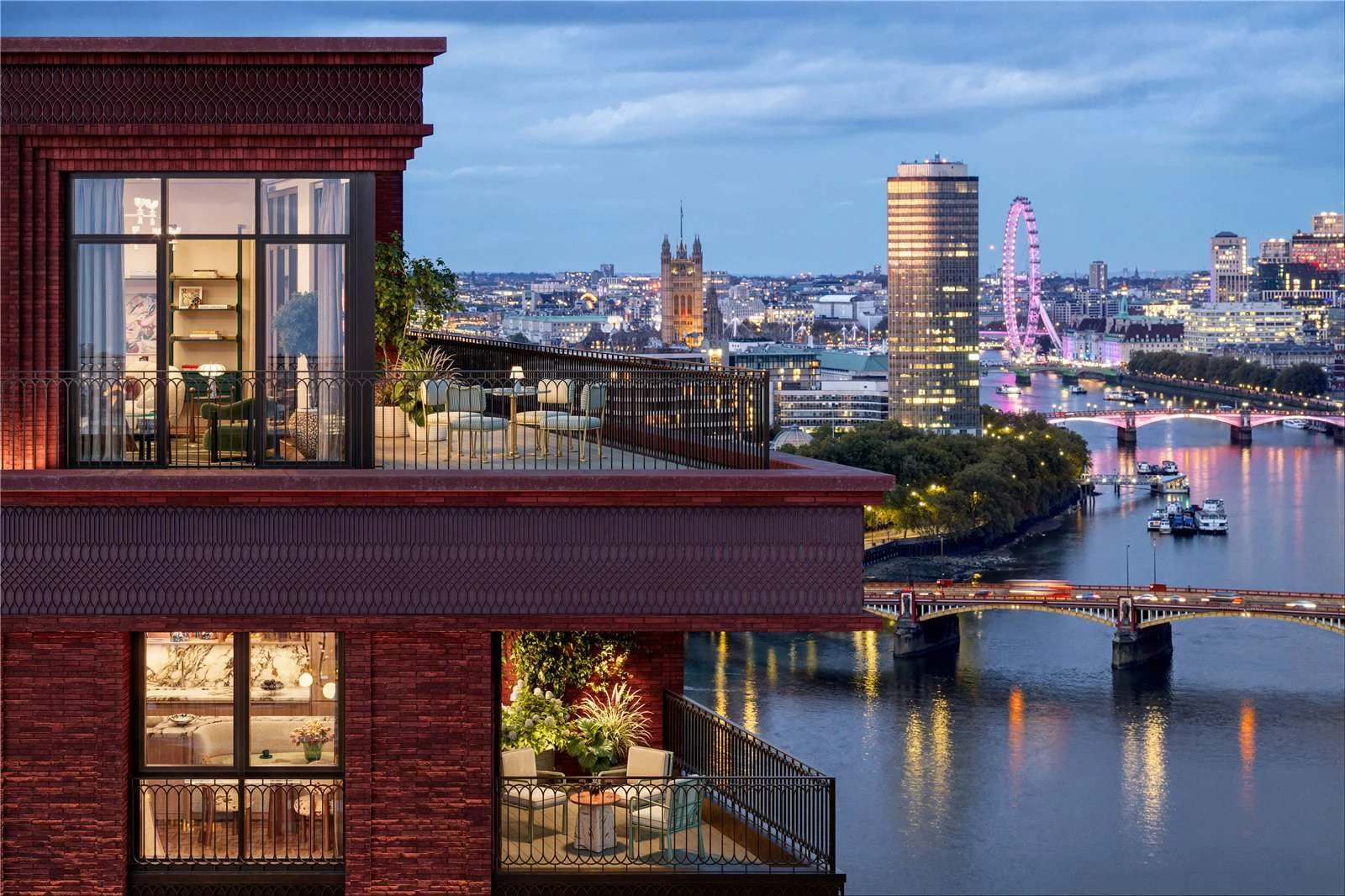 The Capston Embassy Gardens Nine Elms Sw11 London 2 Bedroom Apartment Night Balcony London Eye Parliament Thames River Views