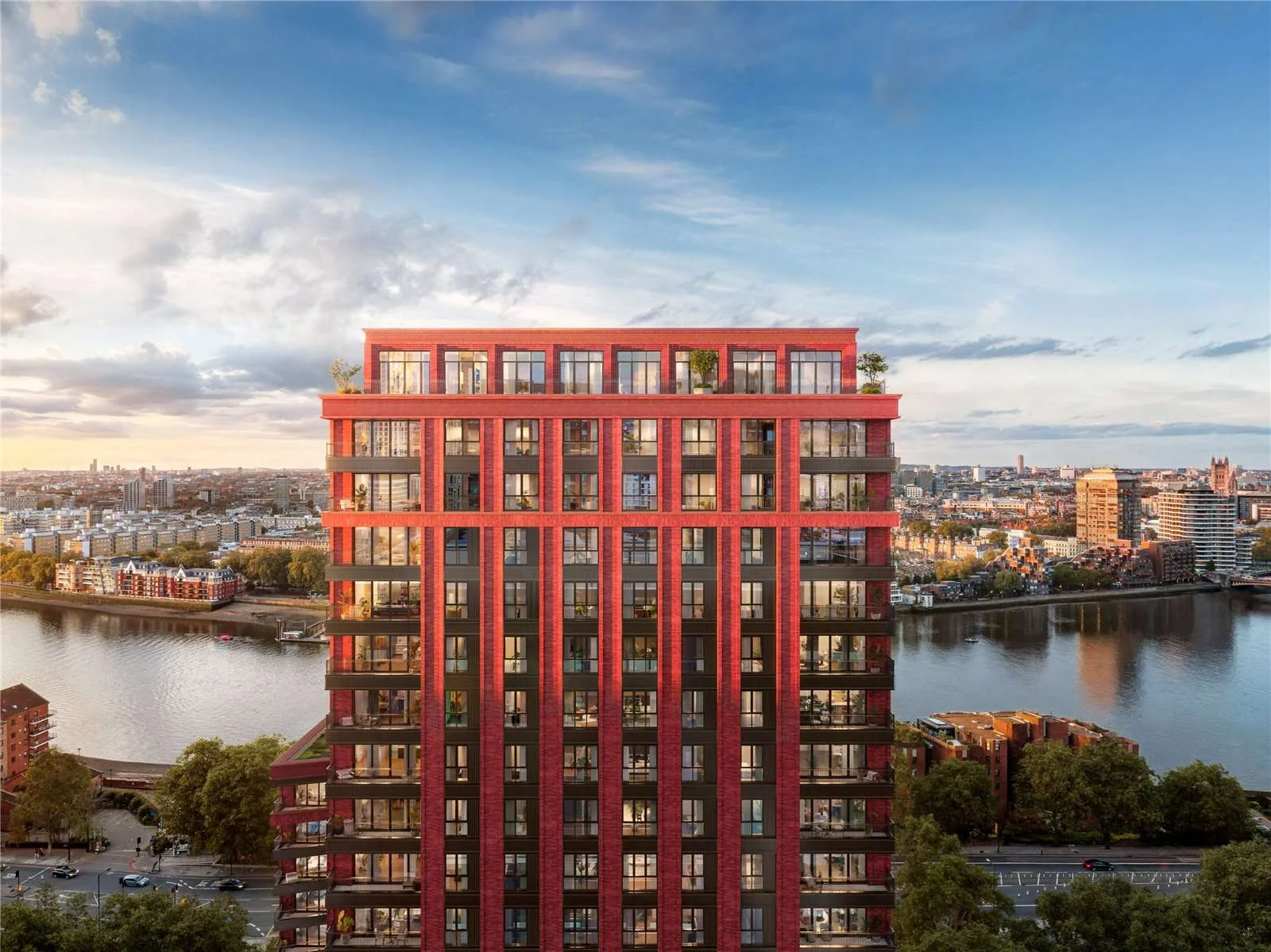 The Capston Embassy Gardens Nine Elms Sw11 London Building Exterior Red Brick Tower Riverside