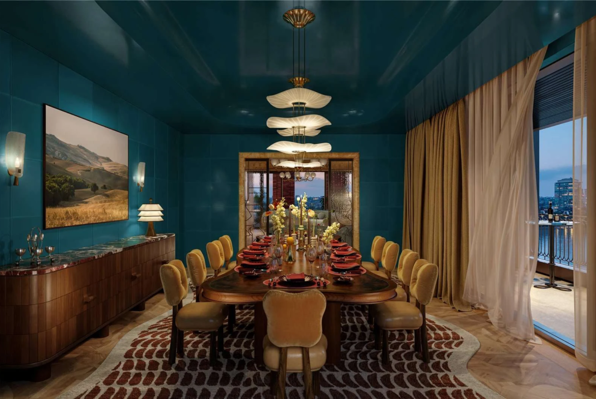 The Capston Embassy Gardens Nine Elms Sw11 London Egle Club Private Dining Room Teal Lacquered Ceiling Velvet Chairs River...