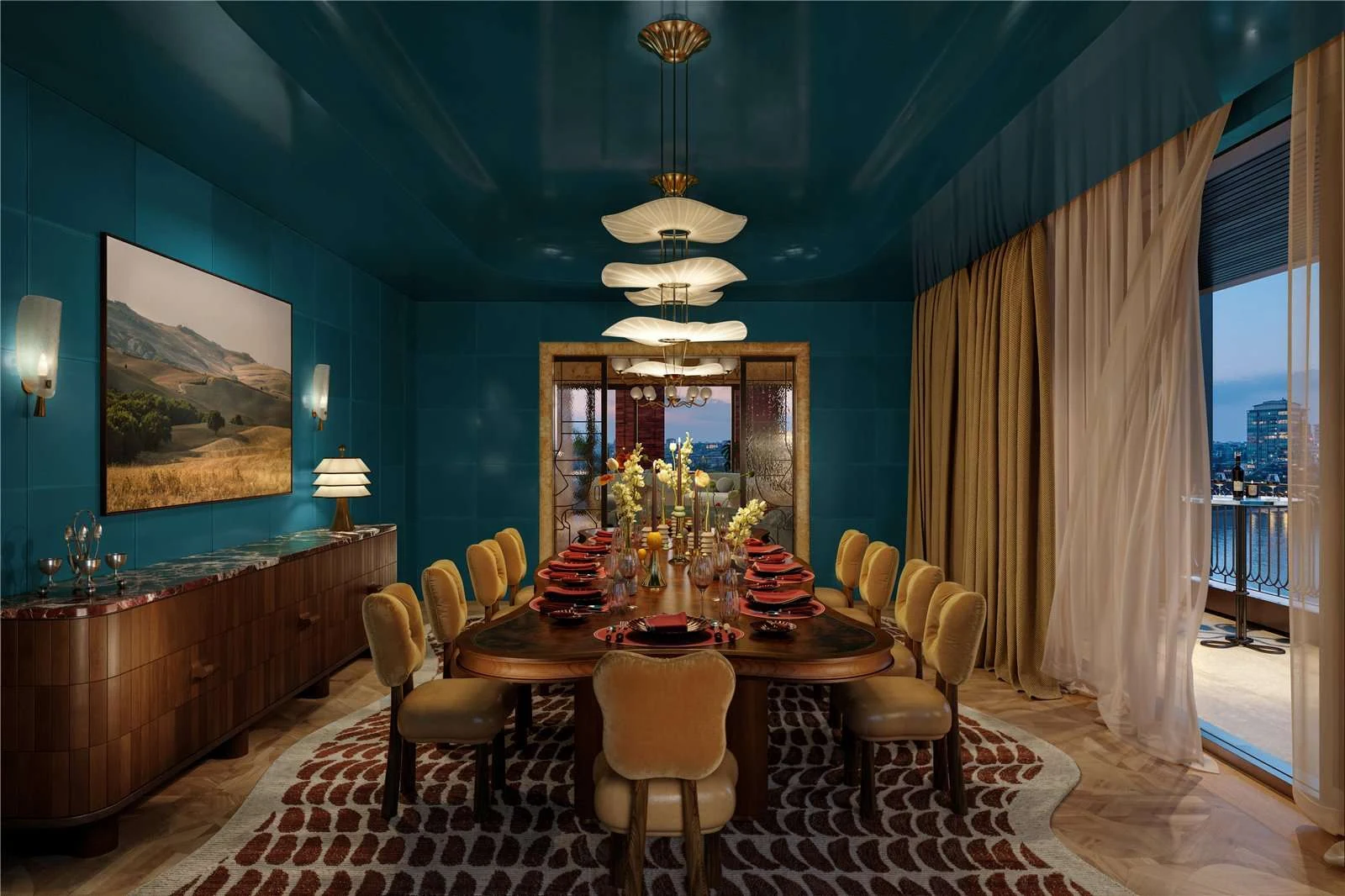 The Capston Embassy Gardens Nine Elms Sw11 London Egle Club Private Dining Room Teal Lacquered Ceiling Velvet Chairs River...