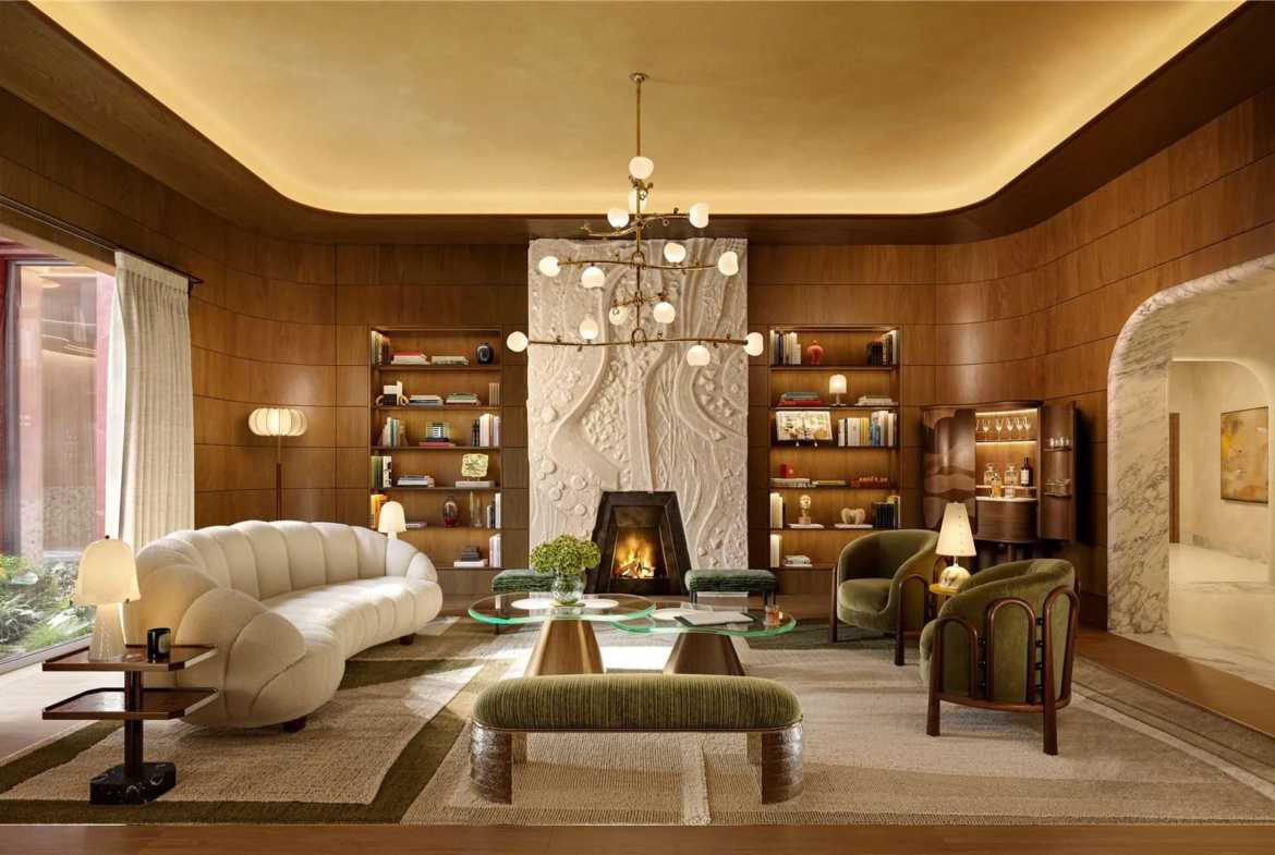 The Capston Embassy Gardens Nine Elms Sw11 London Egle Club Residents Lounge Library Walnut Panelling Open Fireplace Curve...