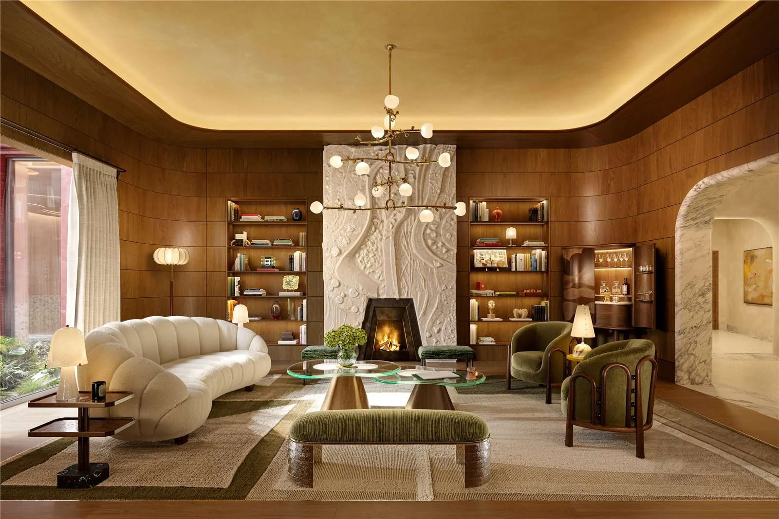 The Capston Embassy Gardens Nine Elms Sw11 London Egle Club Residents Lounge Library Walnut Panelling Open Fireplace Curve...
