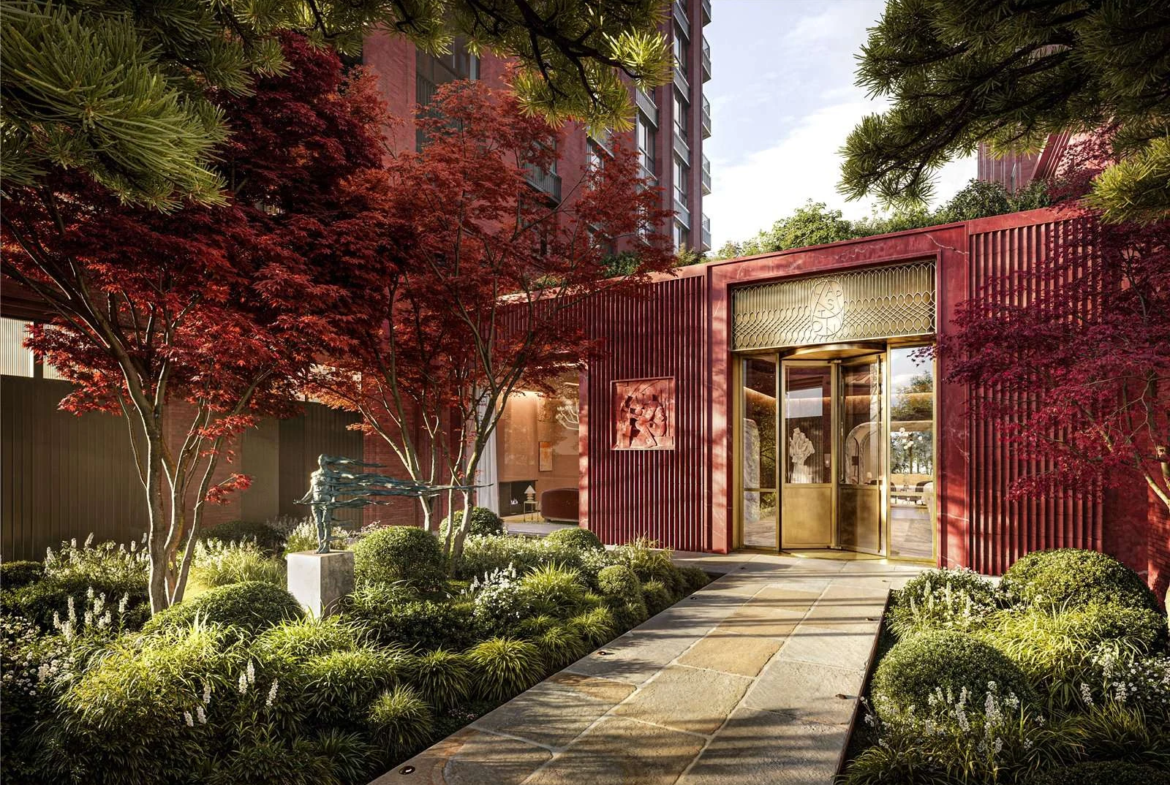 The Capston Embassy Gardens Nine Elms Sw11 London Entrance Garden Path Red Maple Trees Gold Revolving Doors Sculpture